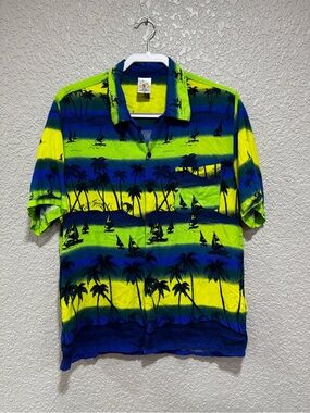 ALOHAS Neon Lime & Blue Tropical Stripe Polo